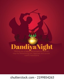 Illustration of Goddess Durga for Shubh Navratri, Couple Playing Garba or Dandiya in Navratri Celebration