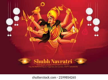 Illustration of Goddess Durga for Shubh Navratri, Couple Playing Garba or Dandiya in Navratri Celebration