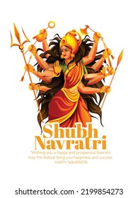 Illustration of Goddess Durga for Shubh Navratri, Couple Playing Garba or Dandiya in Navratri Celebration