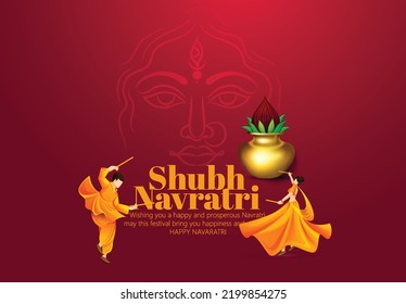 Illustration of Goddess Durga for Shubh Navratri, Couple Playing Garba or Dandiya in Navratri Celebration svg