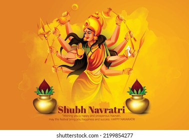 Illustration of Goddess Durga for Shubh Navratri, Couple Playing Garba or Dandiya in Navratri Celebration