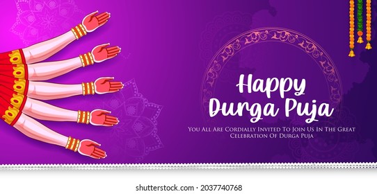 illustration of Goddess Durga ten hands in Happy Durga Puja Subh Navratri Indian religious header banner background