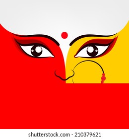 Illustration of Goddess Durga in two bright colours red and golden with big beautiful eyes wearing a nose ring with three red pearls on a simple white background.