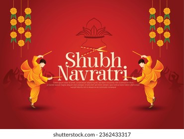 illustration of Goddess Happy Navratri festival background. Navratri Durga Puja Subh Navratri Indian religious kalash with dandiya dance