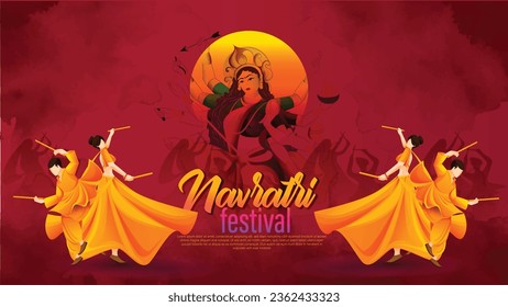 illustration of Goddess Happy Navratri festival background. Navratri Durga Puja Subh Navratri Indian religious kalash with dandiya dance