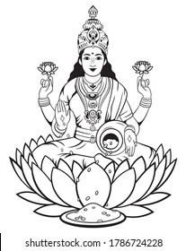 Illustration goddess holy Lakshmi. Hindu goddess sitting in lotus flower. Religious symbol of Buddhism. Yoga. Vector illustration of god on a white background.