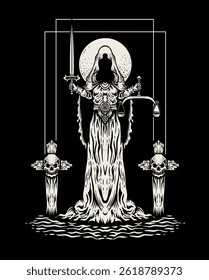 Illustration of goddess of justice dark version on black background