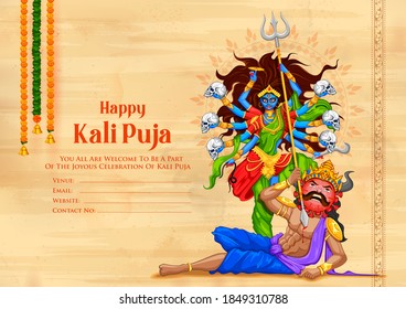 illustration of Goddess Kali Maa on Diwali Kali Pooja background  killing Corona monster of India festival