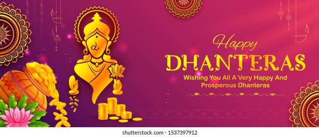 illustration of Goddess Lakshmi for Dhantera celebration on Happy Diwali light festival of India background
