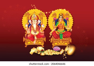 Illustration Of Goddess Lakshmi With Ganesh, Gold Coin In Pot For Happy Dhanteras Celebration