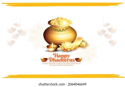 Illustration Of Goddess Lakshmi With Ganesh, Gold Coin In Pot For Happy Dhanteras Celebration