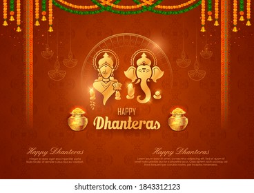 illustration of Goddess Lakshmi and Ganesha for Dhantera celebration on Happy Diwali light festival of India background