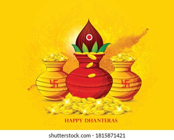 illustration of goddess lakshmi, Gold coin in pot for  Dhanteras celebration 