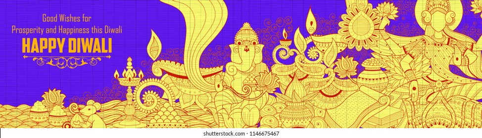 illustration of Goddess Lakshmi and Lord Ganesha on happy Diwali Holiday doodle background for light festival of India