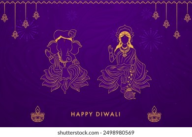 Illustration von Göttin Lakshmi und Lord Ganesha auf Happy Diwali Holiday Background für Lichtfestival von Indien