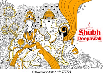 ilustração da Deusa Lakshmi e Lord Ganesha no fundo doodle feriado feliz para festival de luz da Índia com mensagem Shubh Diwali significado feliz Diwali