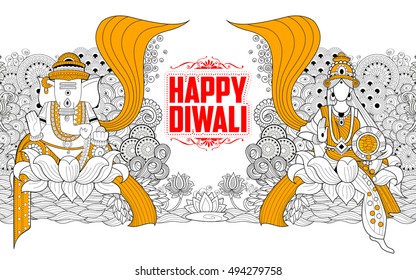 illustration of Goddess Lakshmi and Lord Ganesha on Happy Diwali Holiday doodle background for light festival of India