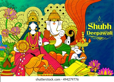 illustration of Goddess Lakshmi and Lord Ganesha on happy Holiday doodle background for light festival of India with message Shubh Diwali meaning Happy Diwali