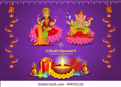 illustration of Goddess Lakshmi and Lord Ganesha in Happy Diwali holiday of India