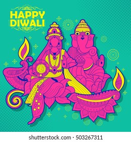 illustration of Goddess Lakshmi and Lord Ganesha on happy Holiday doodle background for light festival of India with message Shubh Diwali meaning Happy Diwali