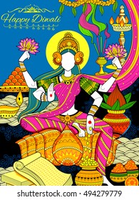 illustration of Goddess Lakshmi on Happy Diwali Holiday doodle background for light festival of India