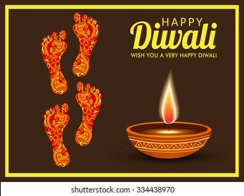 illustration of Goddess Laxmi's footprint with stylish text of Diwali for Diwali celebration.