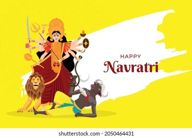 Illustration of Goddess Maa Durga killing mahishasur in Happy Dussehra Navratri background, Durga puja festival