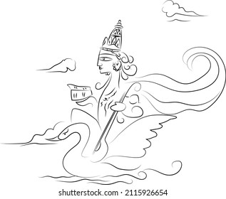 Illustration of goddess with musical instrument, duck and white dress