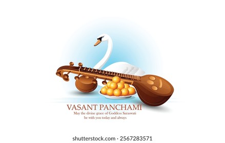 Illustration of Goddess Saraswati With Veena and Swan for Vasant Panchami