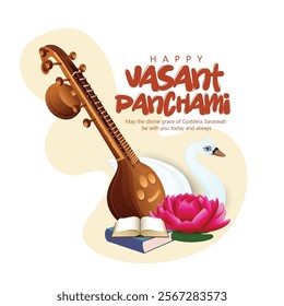 Illustration of Goddess Saraswati With Veena and Swan for Vasant Panchami