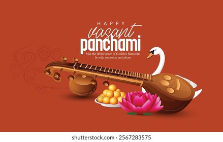 Illustration of Goddess Saraswati With Veena and Swan for Vasant Panchami