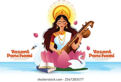 Illustration of Goddess Saraswati With Veena and Swan for Vasant Panchami