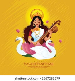 Illustration of Goddess Saraswati With Veena and Swan for Vasant Panchami