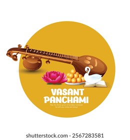 Illustration of Goddess Saraswati With Veena and Swan for Vasant Panchami