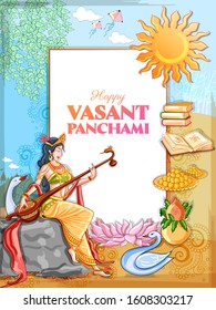 illustration of Goddess of Wisdom Saraswati for Vasant Panchami India festival background