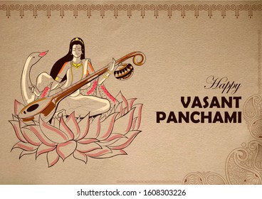 illustration of Goddess of Wisdom Saraswati for Vasant Panchami India festival background