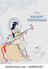 illustration of Goddess of Wisdom Saraswati for Vasant Panchami India festival background