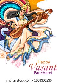 illustration of Goddess of Wisdom Saraswati for Vasant Panchami India festival background