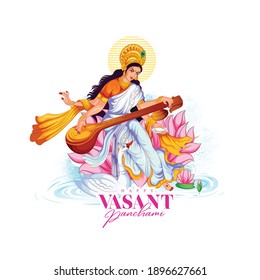 illustration of Goddess of Wisdom Saraswati for Vasant Panchami, Saraswati Puja, Basant Festival of Kites is a Sikh and Hindu festival