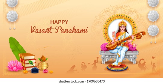 illustration of Goddess of Wisdom Saraswati for Vasant Panchami India festival background