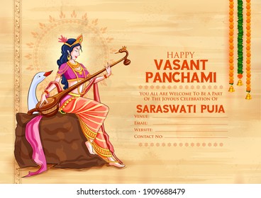 illustration of Goddess of Wisdom Saraswati for Vasant Panchami India festival background