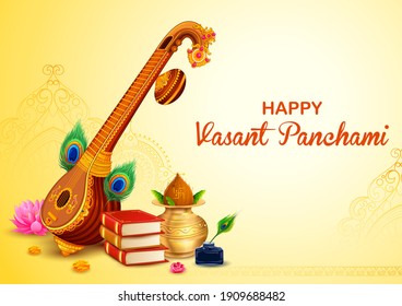 illustration of Goddess of Wisdom Saraswati for Vasant Panchami India festival background