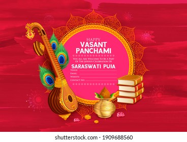 illustration of Goddess of Wisdom Saraswati for Vasant Panchami India festival background