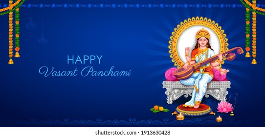 illustration of Goddess of Wisdom Saraswati for Vasant Panchami India festival background