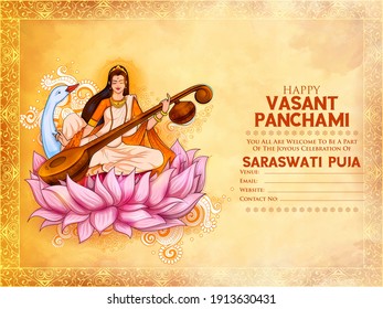 illustration of Goddess of Wisdom Saraswati for Vasant Panchami India festival background