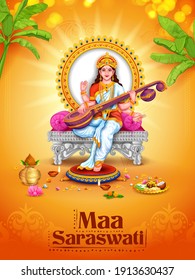 illustration of Goddess of Wisdom Saraswati for Vasant Panchami India festival background