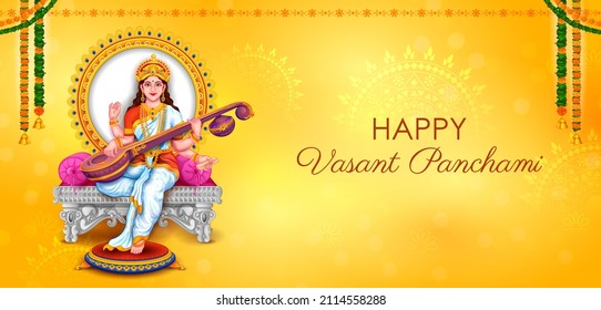 illustration of Goddess of Wisdom Saraswati for Vasant Panchami India festival background