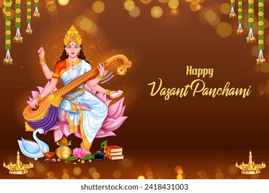 illustration of Goddess of Wisdom Saraswati for Vasant Panchami India festival background