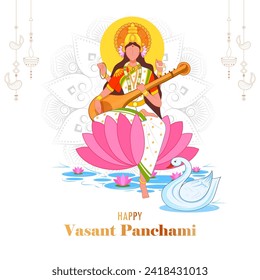 illustration of Goddess of Wisdom Saraswati for Vasant Panchami India festival background