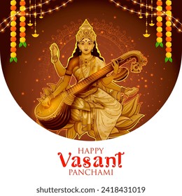 illustration of Goddess of Wisdom Saraswati for Vasant Panchami India festival background